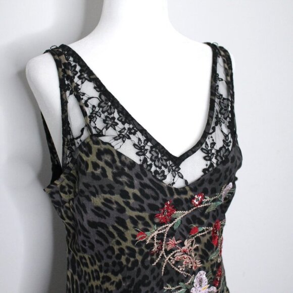 Guess Dark Leopard Print Floral Embroidered Lace Dress Size M - Picture 5 of 13